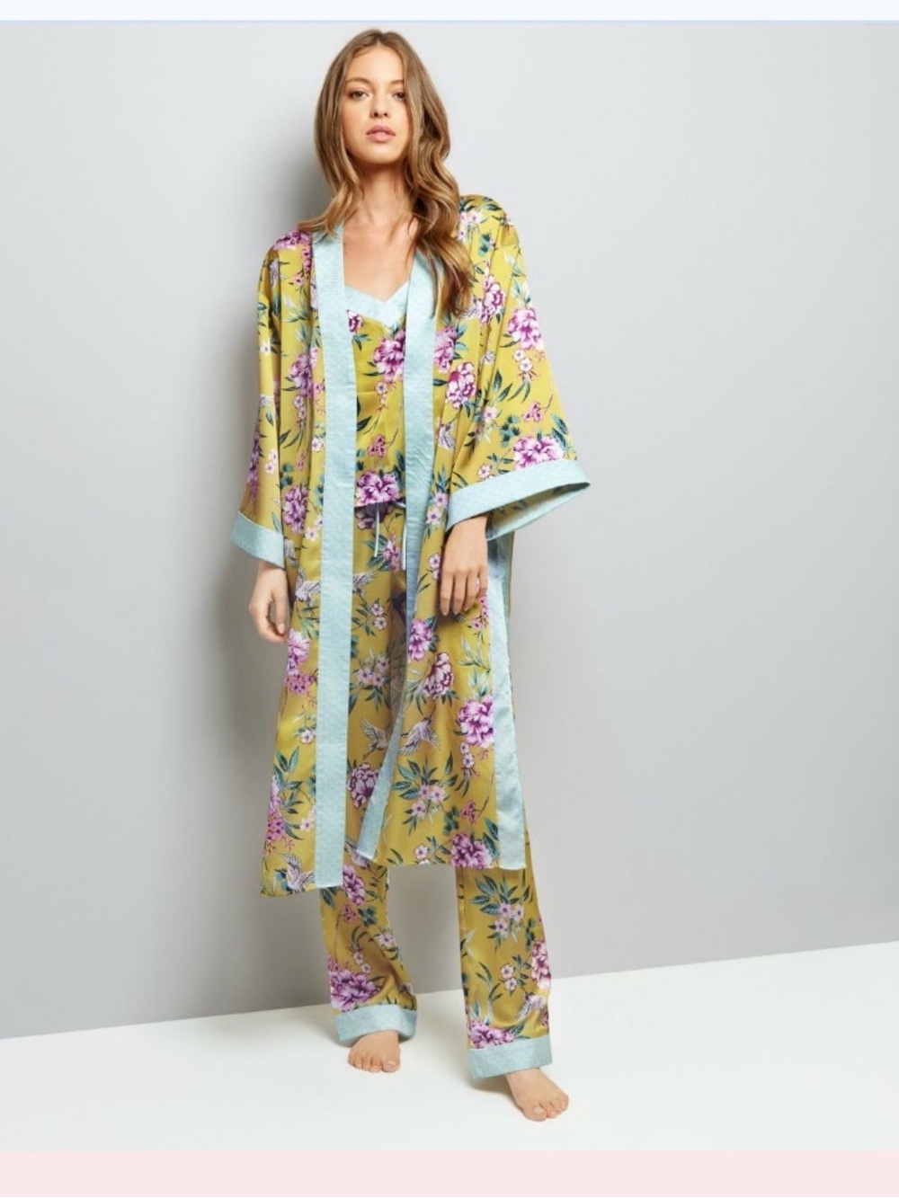 New Look Floral Satin Top in Mint and Gold
